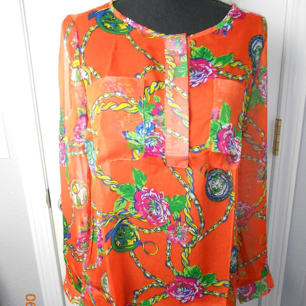 New Feline Orange pattern blouse  Med sheer look